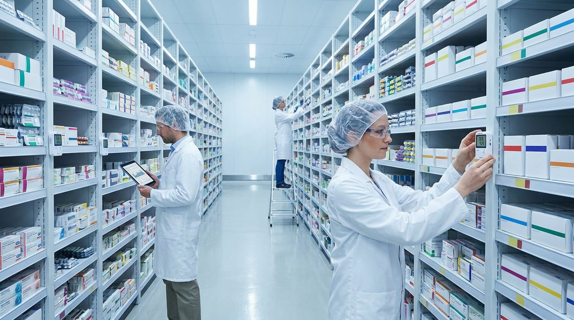 Technicians installing temperature and humidity data loggers in a pharmaceutical storage warehouse