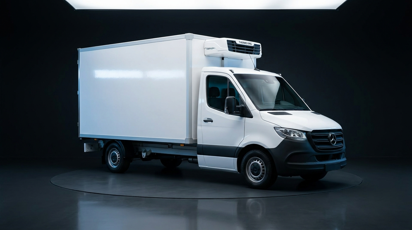 Autoutilitară frigorifică Mercedes-Benz Sprinter cu agregat frigorific montat deasupra cabinei, tipul de vehicul calificat pentru transport farmaceutic